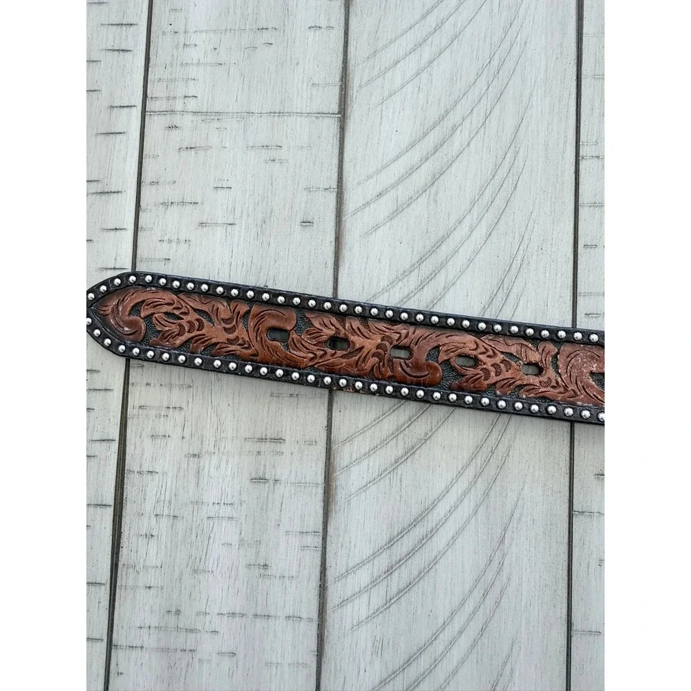 V- 037- 3-D Belt Co Mens Brown Hand Tooled Leather Western Star Studded Belt 36